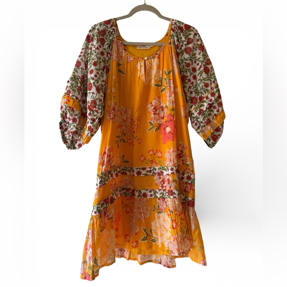 Roller Rabbit Mustard Floral Boho Mini Dress Size M Flowy 3/4 Sleeve